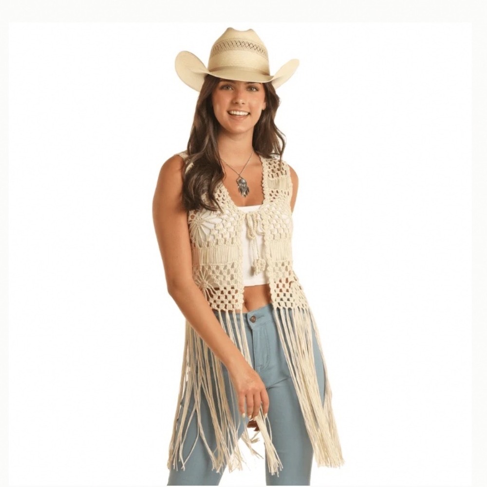 Crochet Vest Womens Small Beige Fringe Boho Cowgirl festivalLayering Coachella